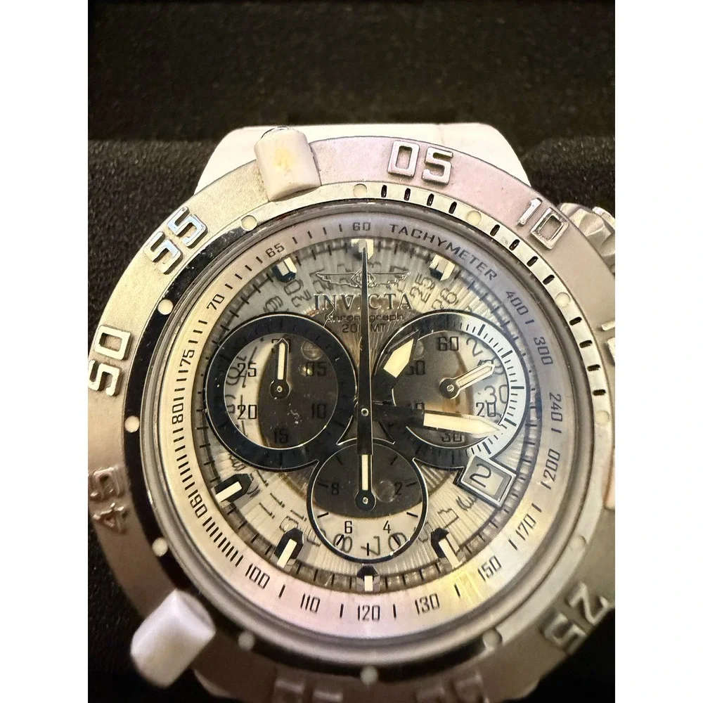 Invicta Subaqua Noma III 0933 Chronograph‎ White Silicone Watch 50mm Silver Dial
